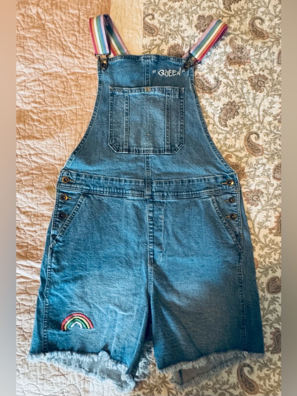 Source Unknown Denim Short Overalls with Rainbow Straps